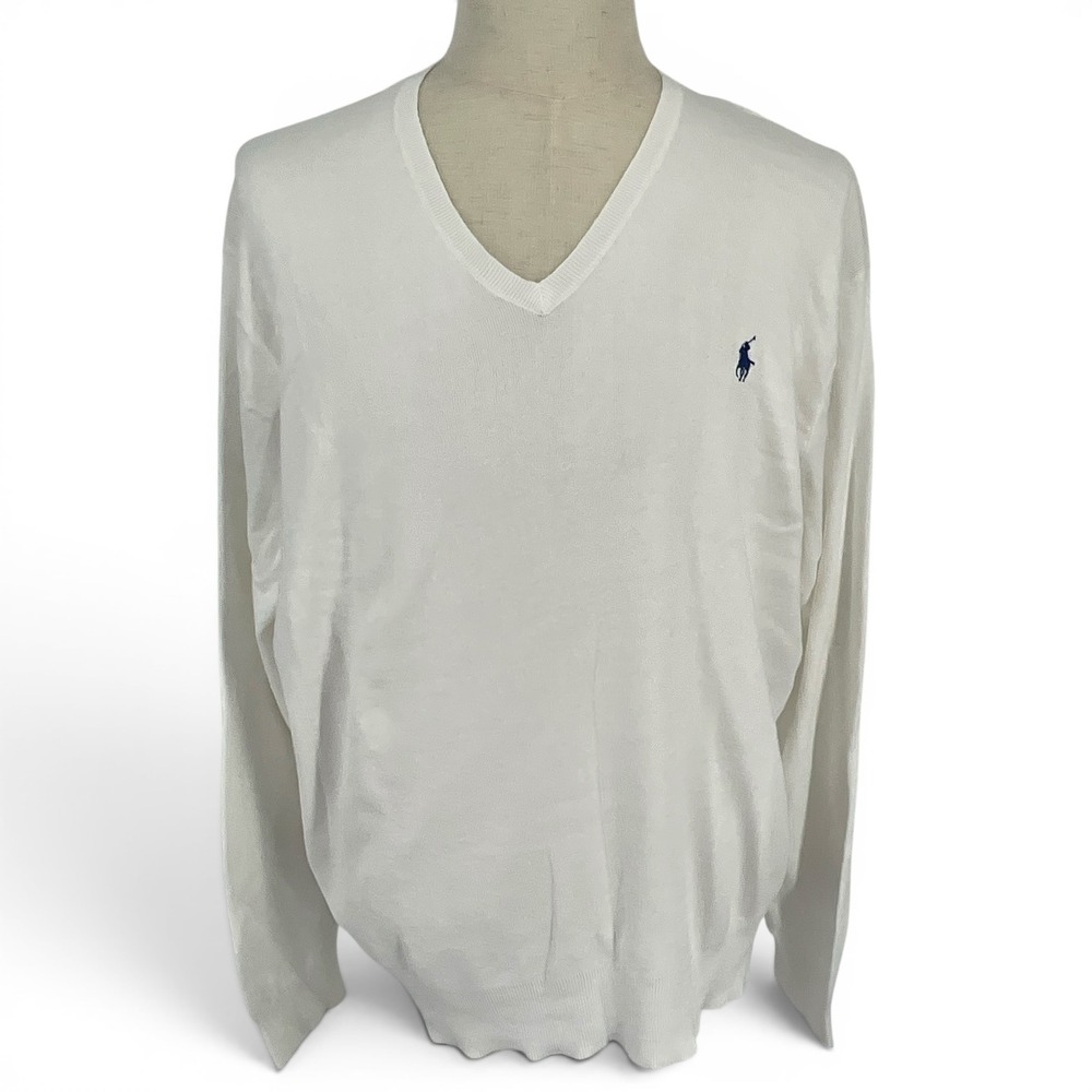 Polo Ralph Lauren Mens XL White Pima Cotton V-Neck Sweater Long Sleeve Pony Logo - Picture 2 of 9